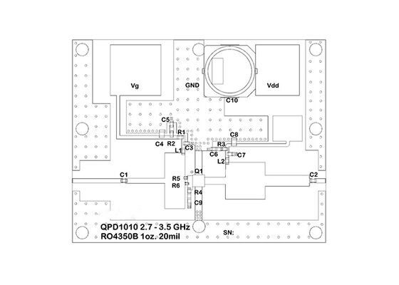 QPD1010EVB01 Soluciones embebidas 10W 50V DC a 4GHz GaN Panel de evaluación de transistores RF