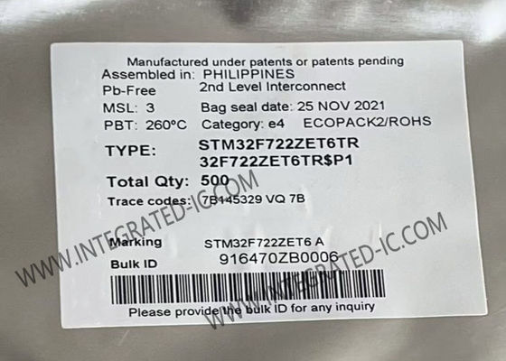 Microcontrolador MCU STM32F722ZET6TR con núcleo ARM Cortex-M7, velocidad de reloj de 216 MHz y 512 KB de memoria Flash